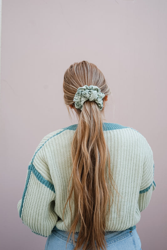 sage floral ribbed oversized scrunchie