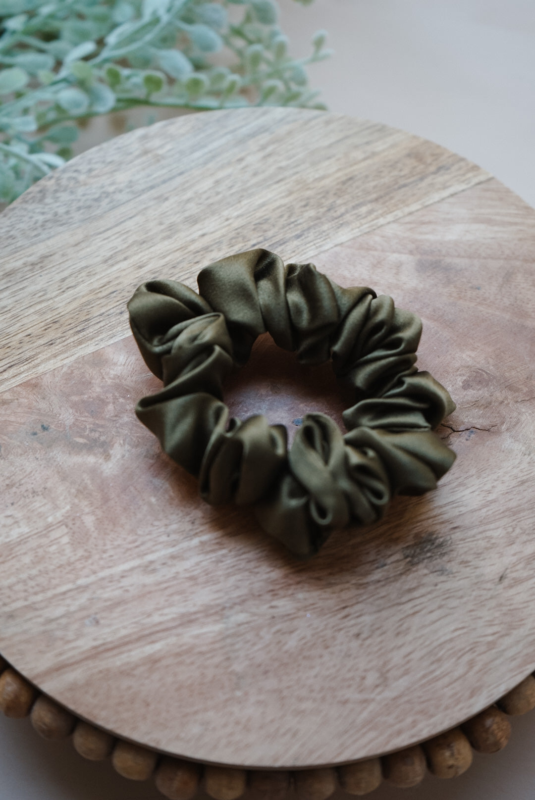 the mistletoe green skinny silk charmeuse scrunchie